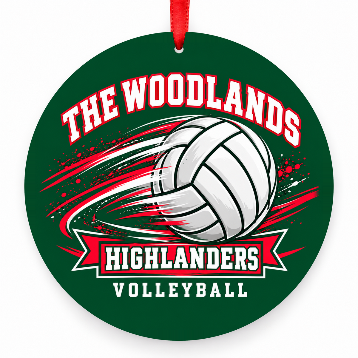 The Woodlands High School Highlanders Volleyball Ball in Motion Christmas Ornament in hunter green, red and white with red satin ribbon