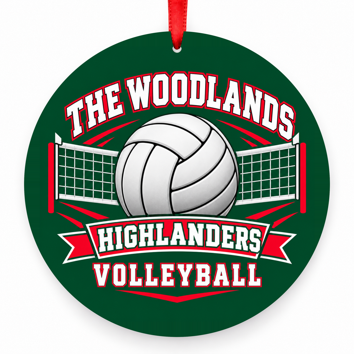 The Woodlands High School Highlanders Volleyball Ball & Net Christmas Ornament in hunter green, red and white with red satin ribbon