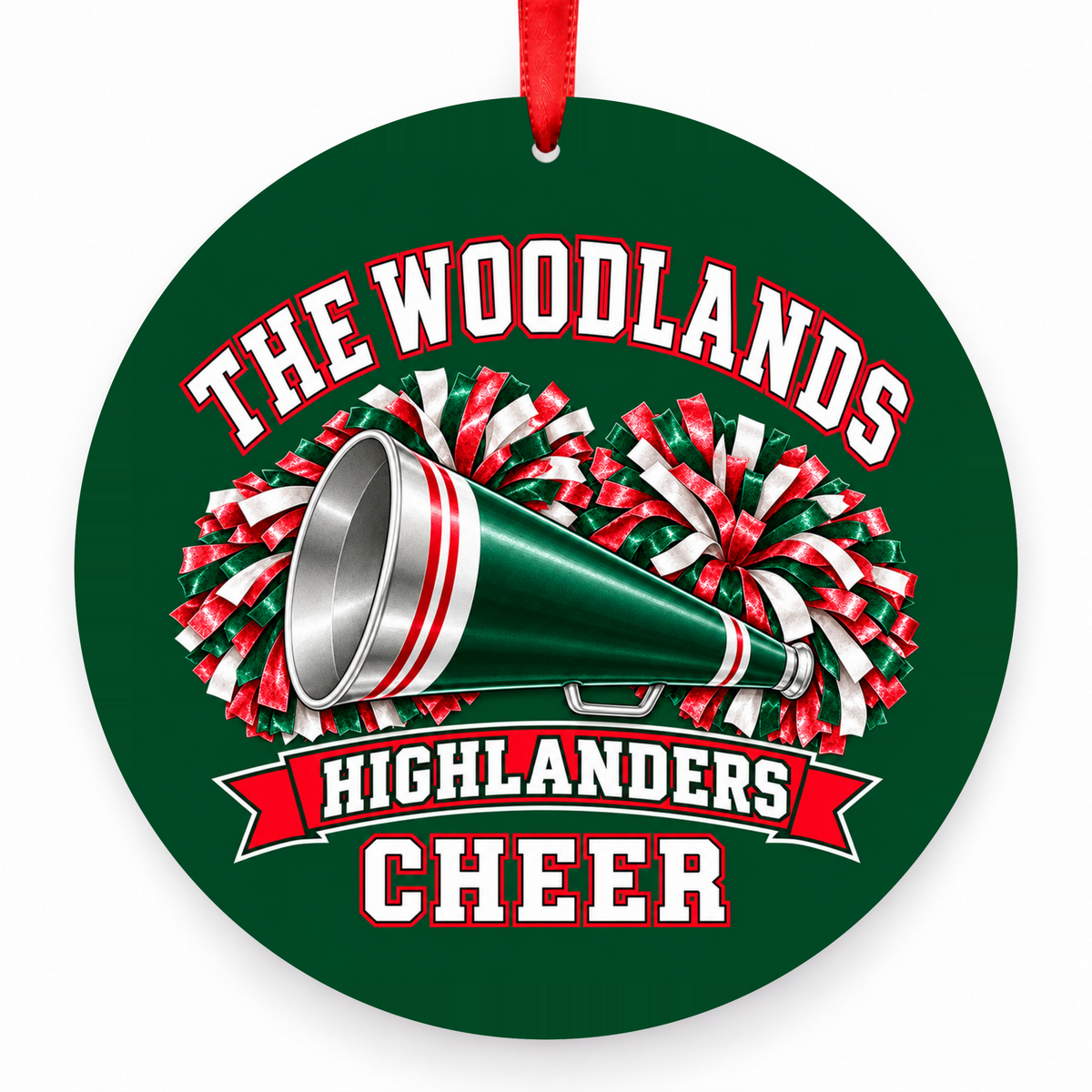 The Woodlands High School Highlanders Cheerleading Megaphone & Pom-Poms Christmas Ornament in hunter green, red and white with red satin ribbon