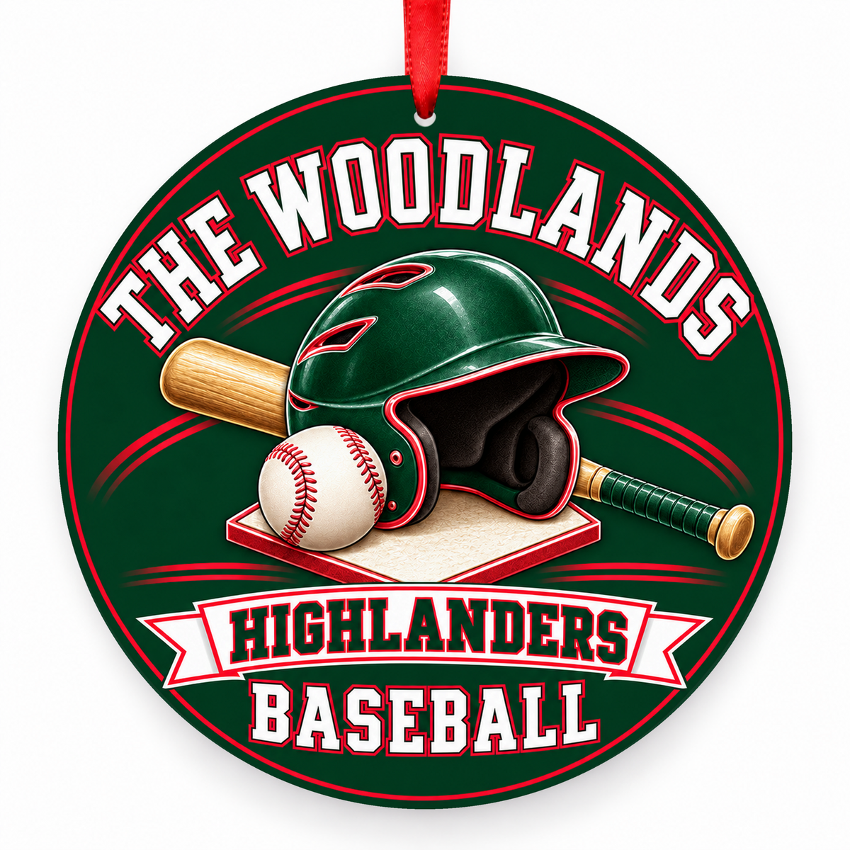 The Woodlands High School Highlanders Baseball ornament, Helmet & Home Plate, hunter green, red, and white, with red satin ribbon
