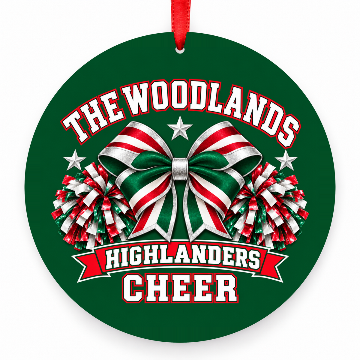 The Woodlands High School Highlanders Cheerleading Bow & Pom-Poms Christmas Ornament in hunter green, red and white with red satin ribbon