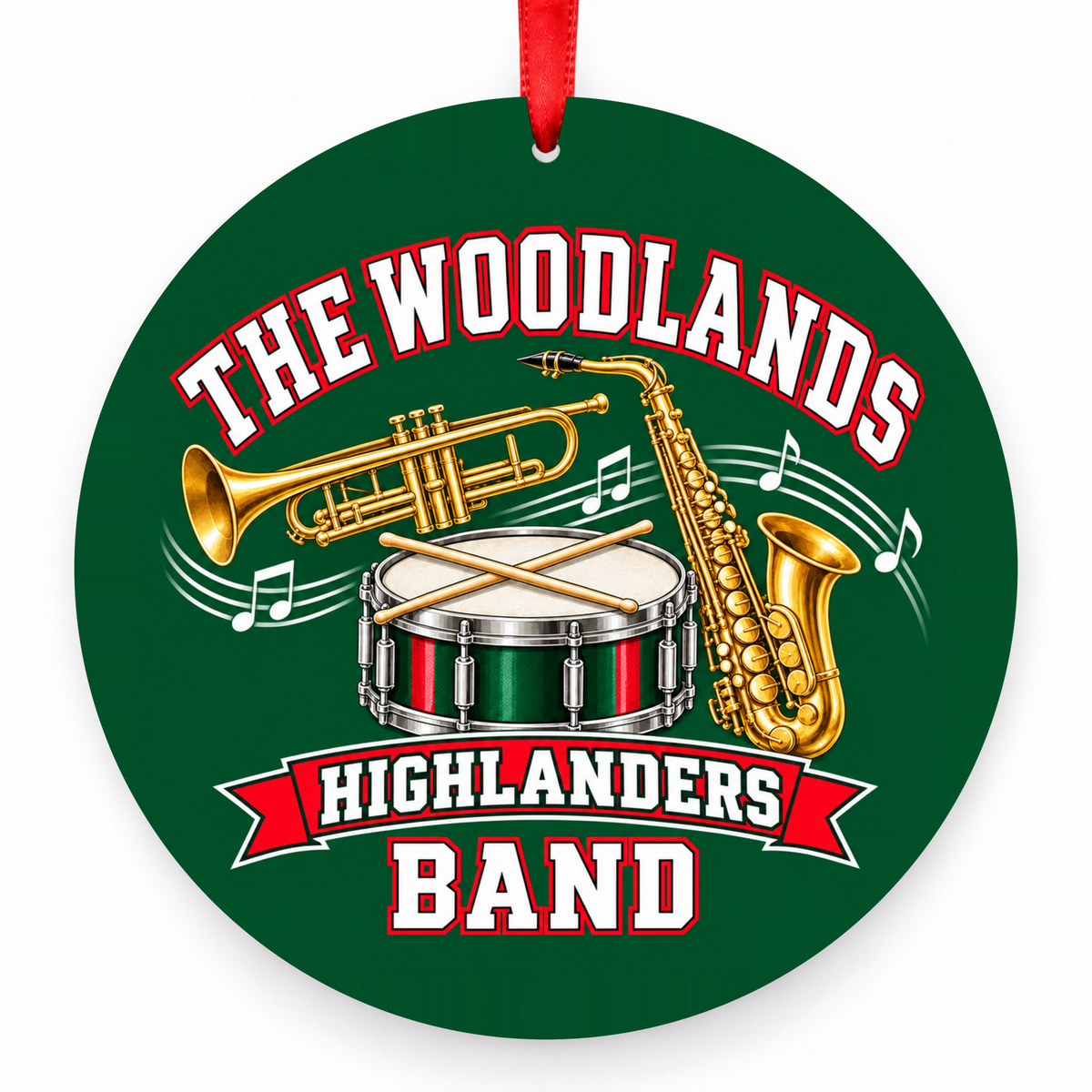 The Woodlands High School Highlanders Band Instruments Christmas Ornament in hunter green, red and white with red satin ribbon