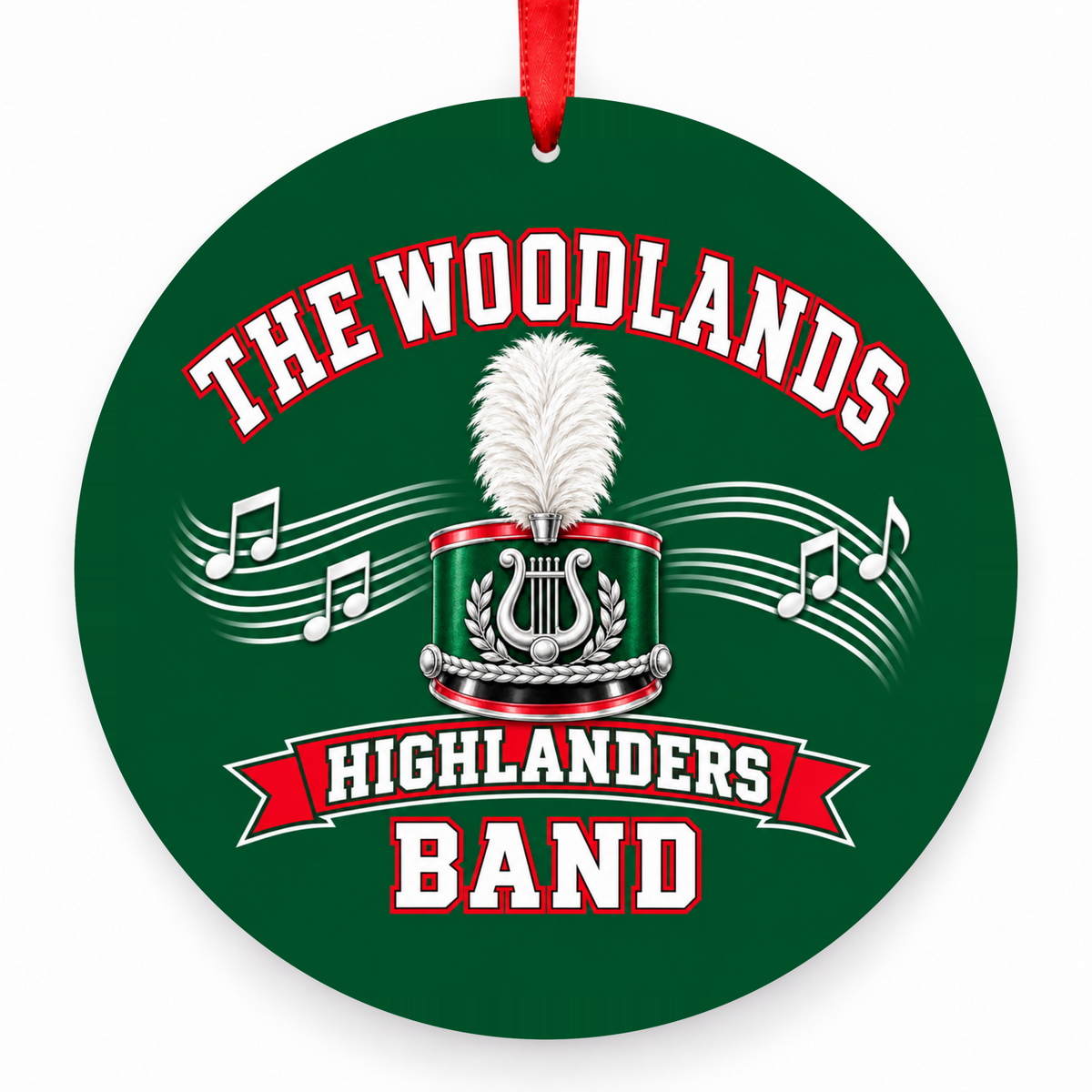 The Woodlands High School Highlanders Band Marching Hat Christmas Ornament in hunter green, red and white with red satin ribbon