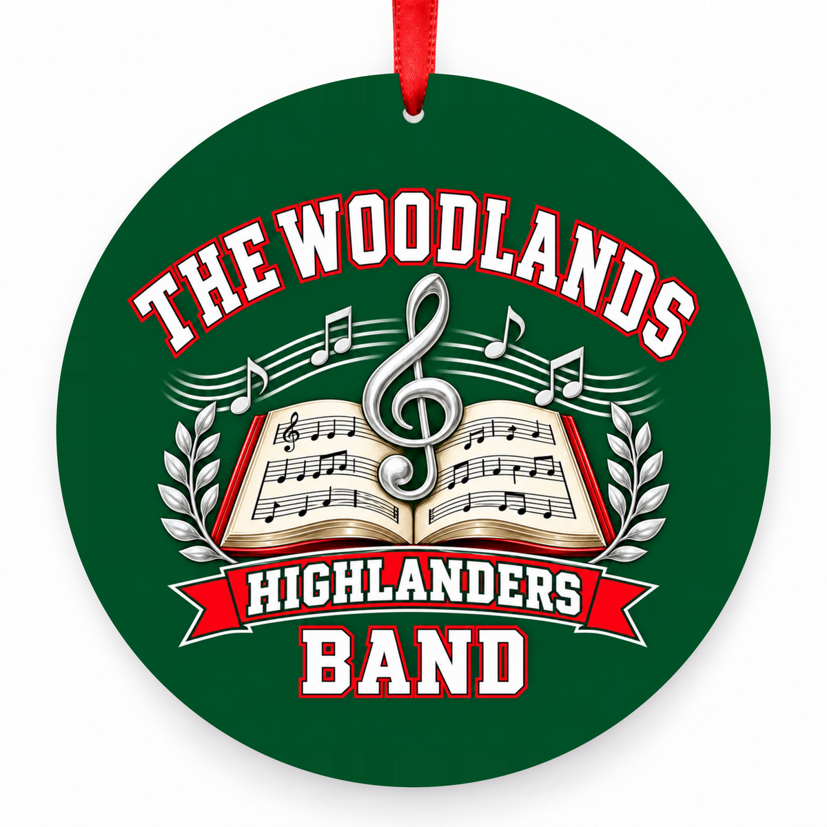 The Woodlands High School Highlanders Band Music Book Christmas Ornament in hunter green, red and white with red satin ribbon