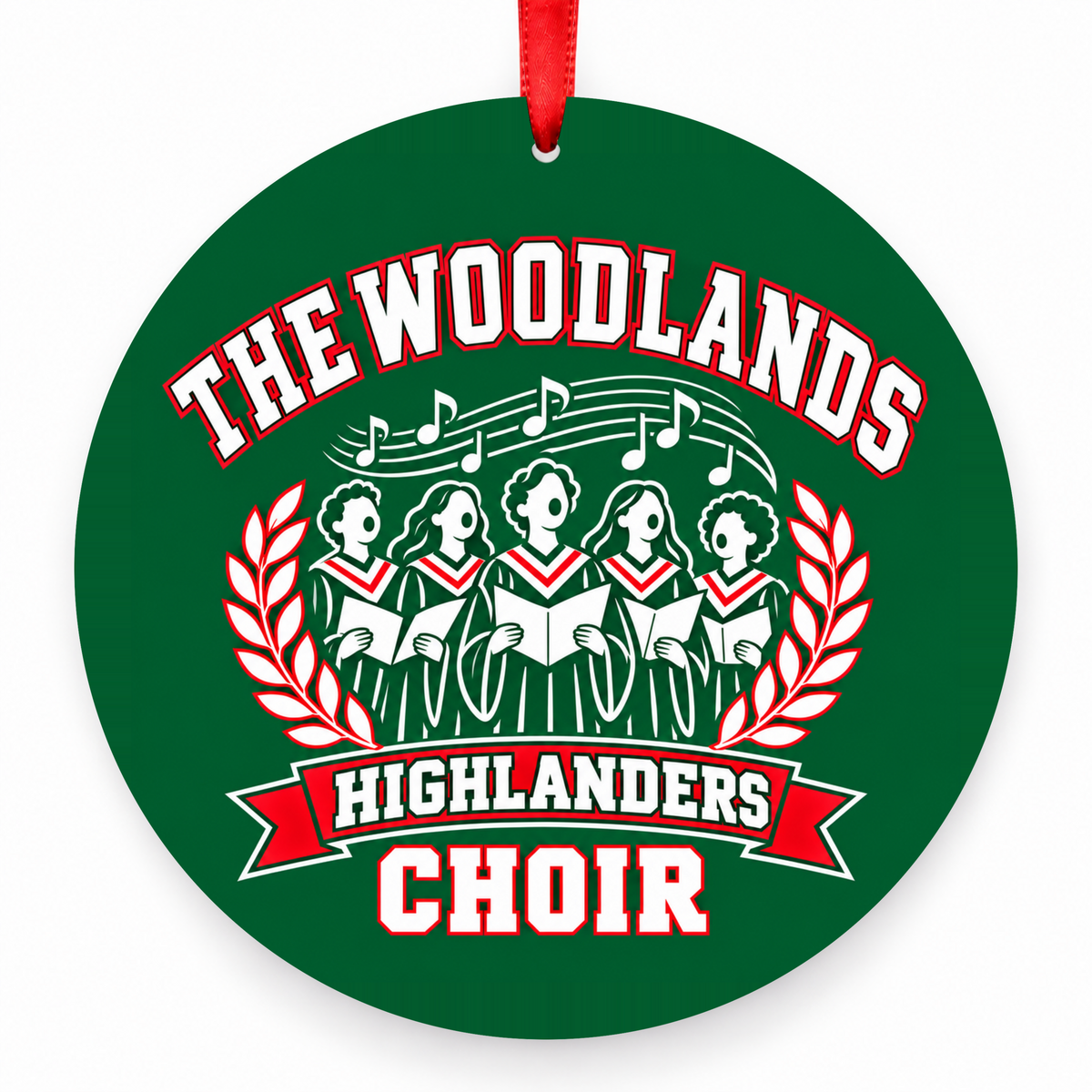 The Woodlands High School Highlanders Choir Singers Christmas Ornament in hunter green, red and white with red satin ribbon