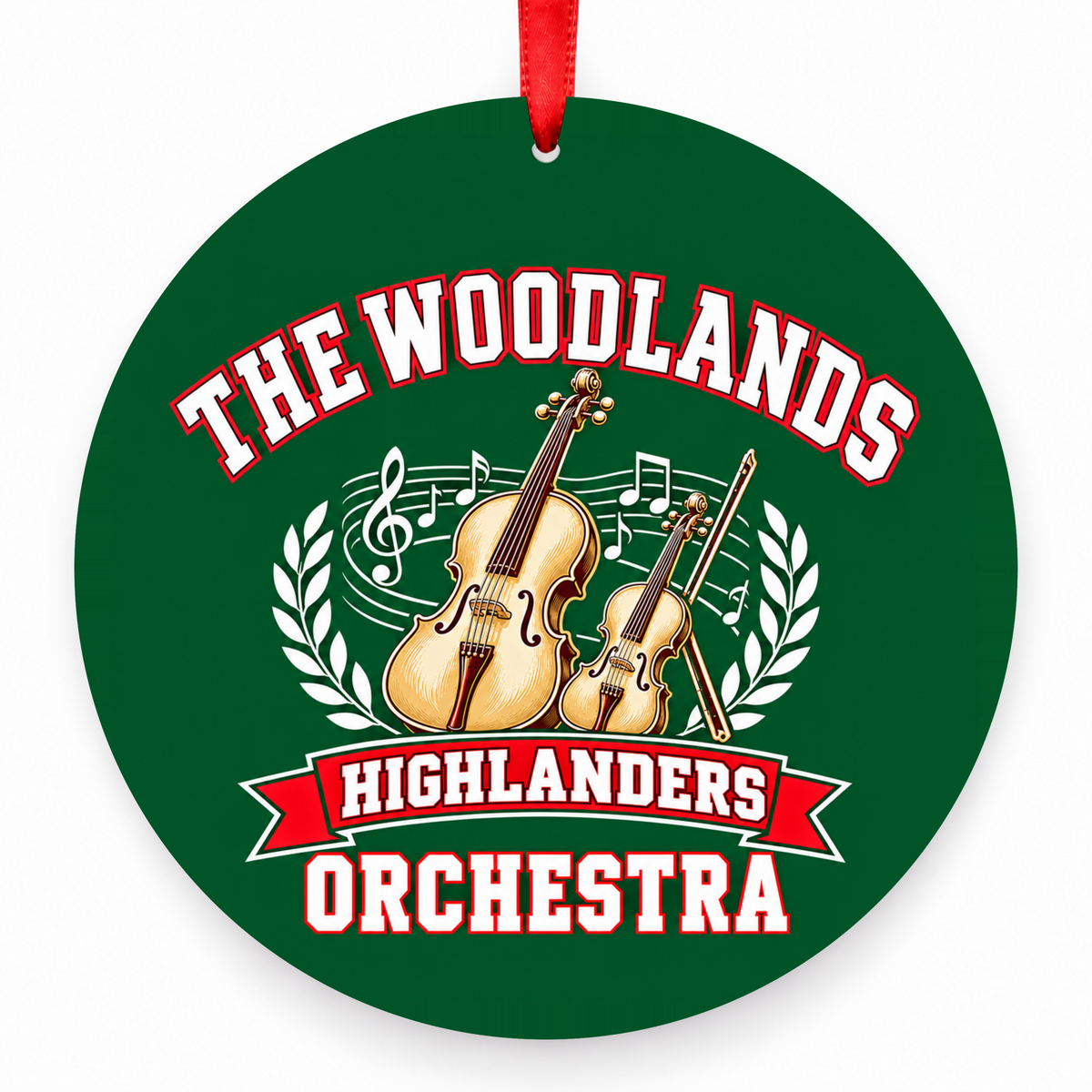 The Woodlands High School Highlanders Orchestra String Instruments Christmas Ornament in hunter green, red and white with red satin ribbon