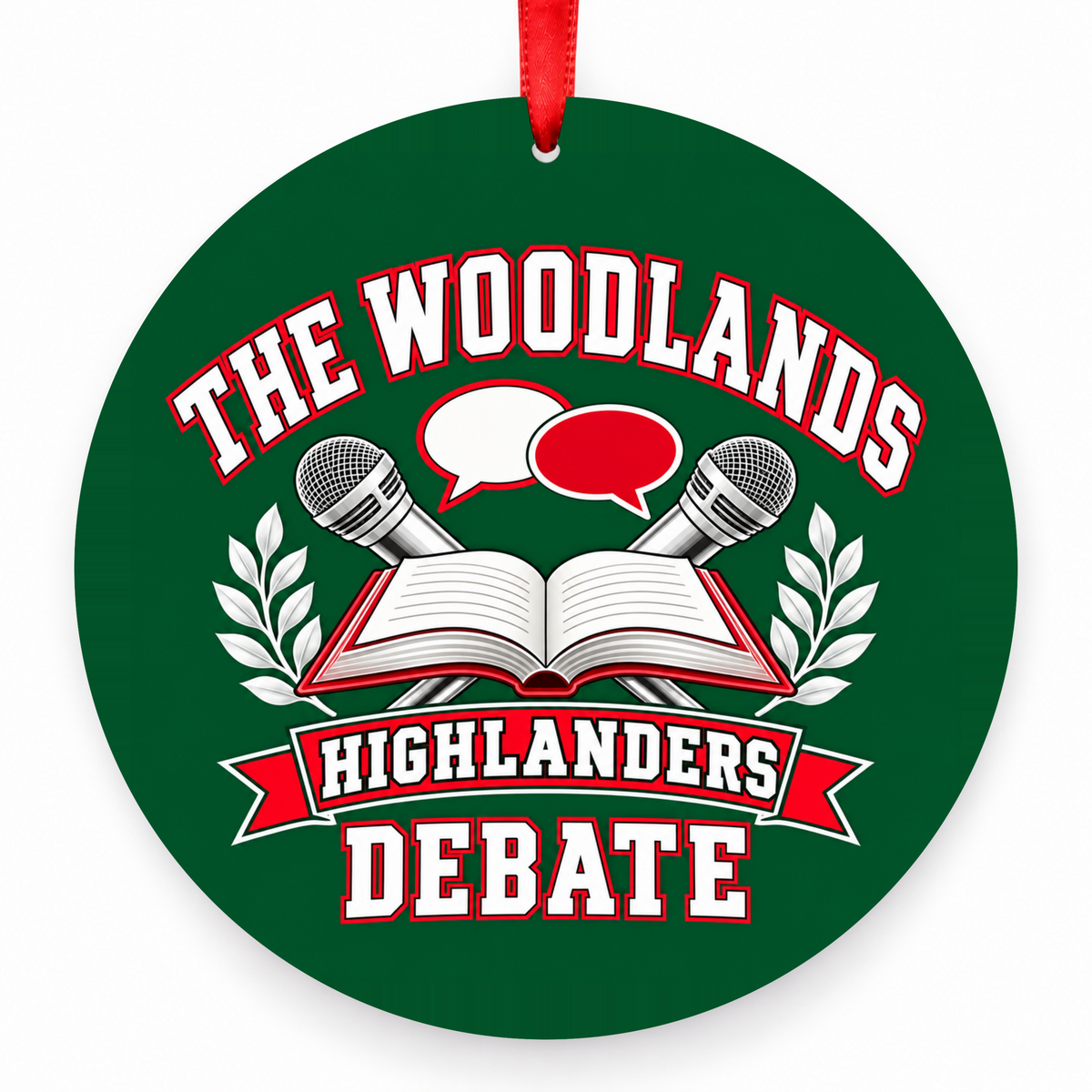 The Woodlands High School Highlanders Debate Microphones & Book Christmas Ornament in hunter green, red and white with red satin ribbon