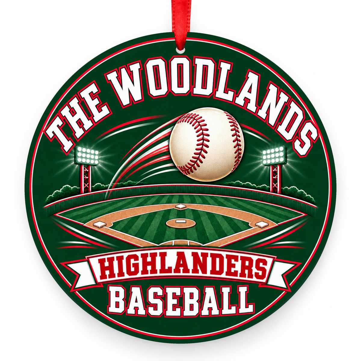 The Woodlands High School Highlanders Baseball ornament, Ballpark, hunter green, red, and white, with red satin ribbon