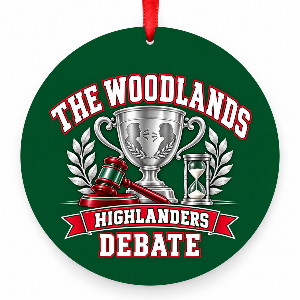 The Woodlands High School Highlanders Debate Trophy & Gavel Christmas Ornament in hunter green, red and white with red satin ribbon