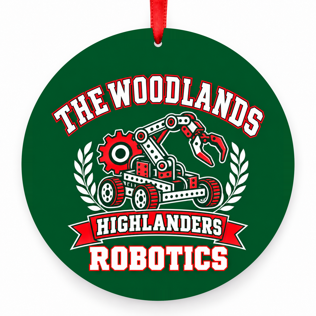 The Woodlands High School Highlanders Robotics  Christmas Ornament in hunter green, red and white with red satin ribbon