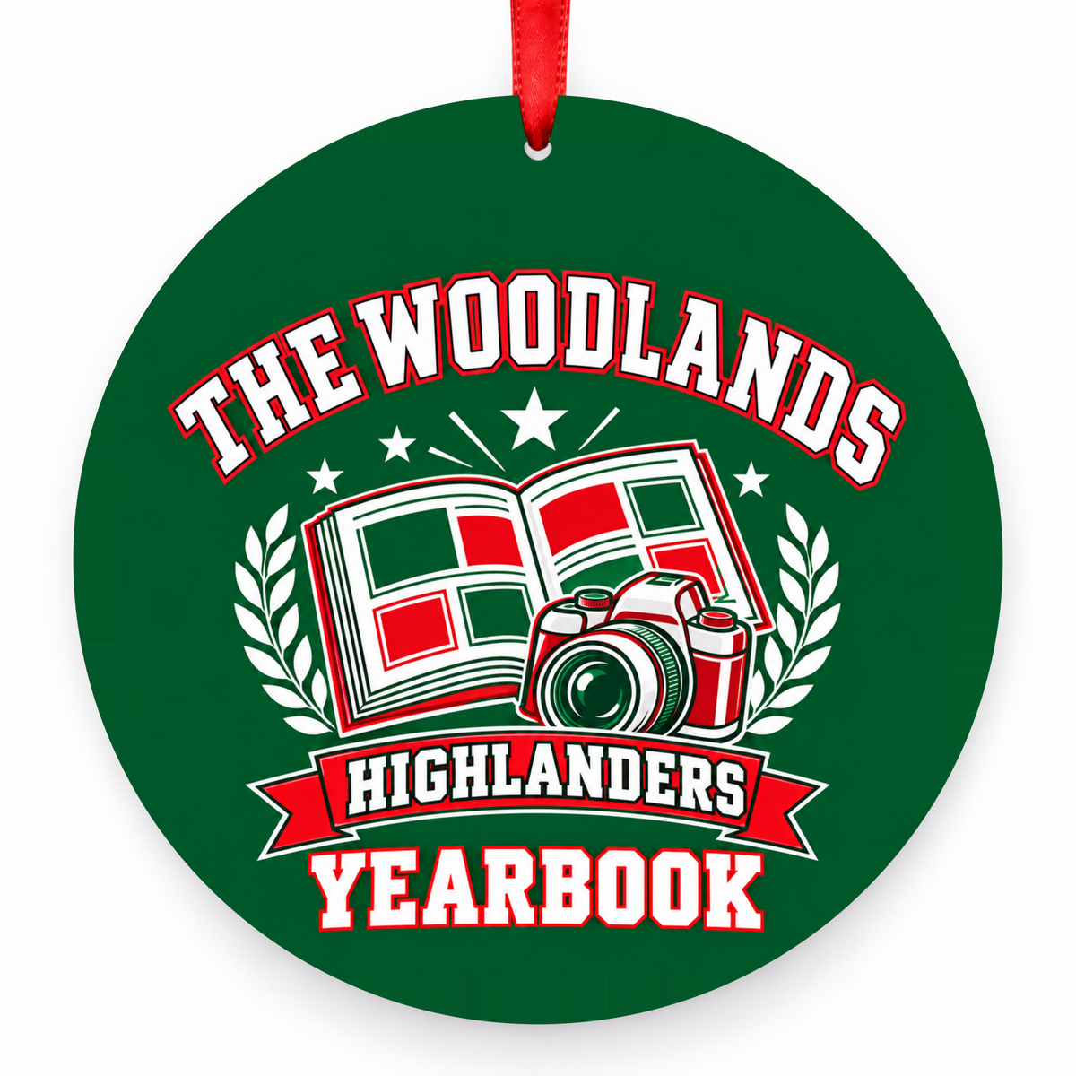 The Woodlands High School Highlanders Yearbook Camera & Yearbook Christmas Ornament in hunter green, red and white with red satin ribbon