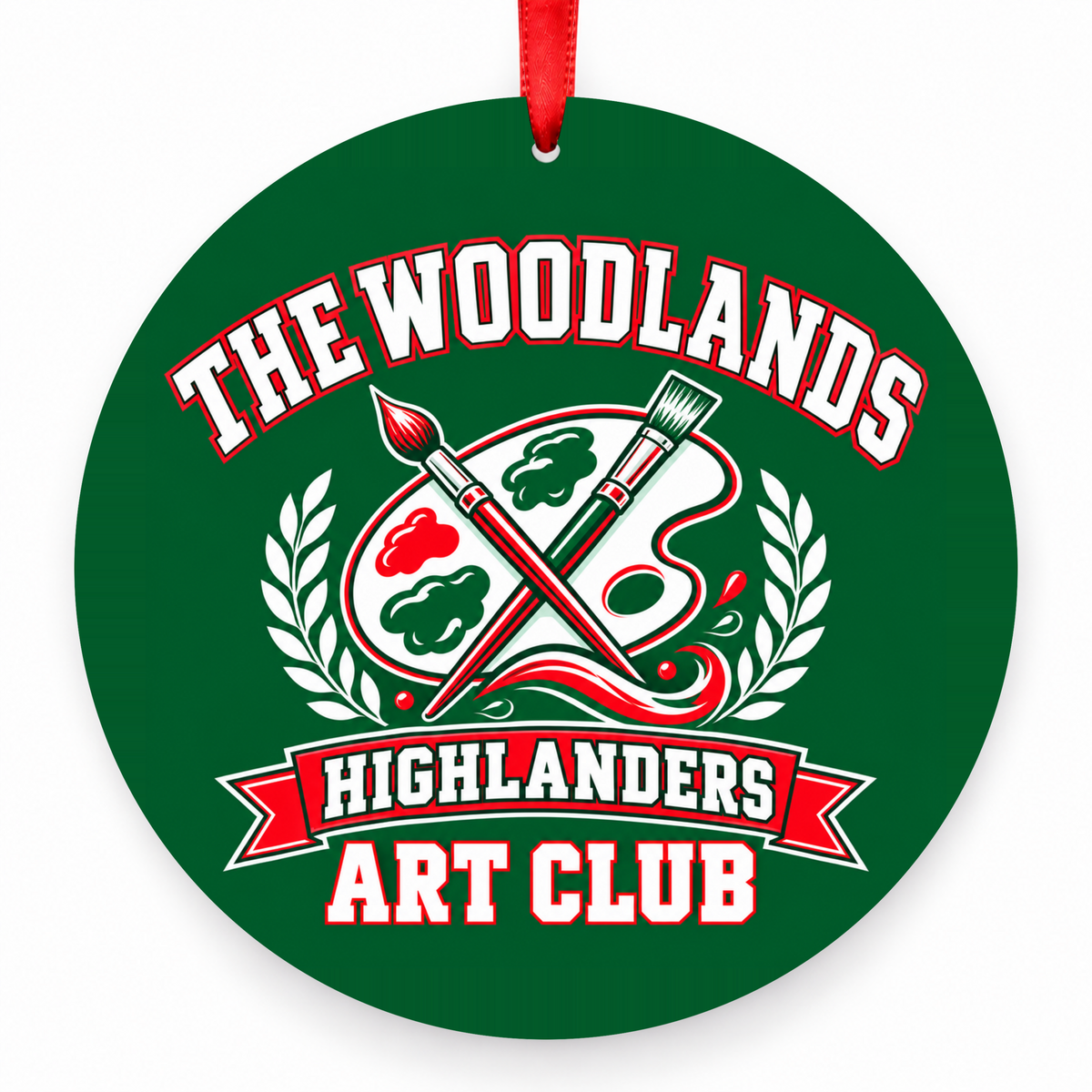 The Woodlands High School Highlanders Art Club Palette & Brushes Christmas Ornament in hunter green, red and white with red satin ribbon