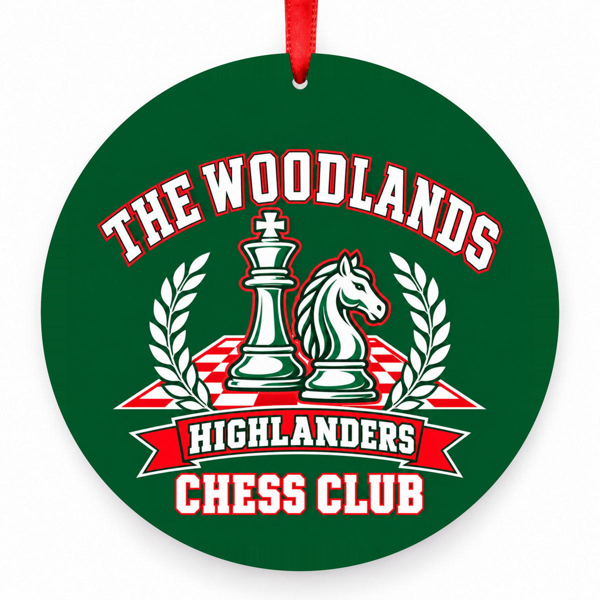 The Woodlands High School Highlanders Chess Club King & Knight Christmas Ornament in hunter green, red and white with red satin ribbon