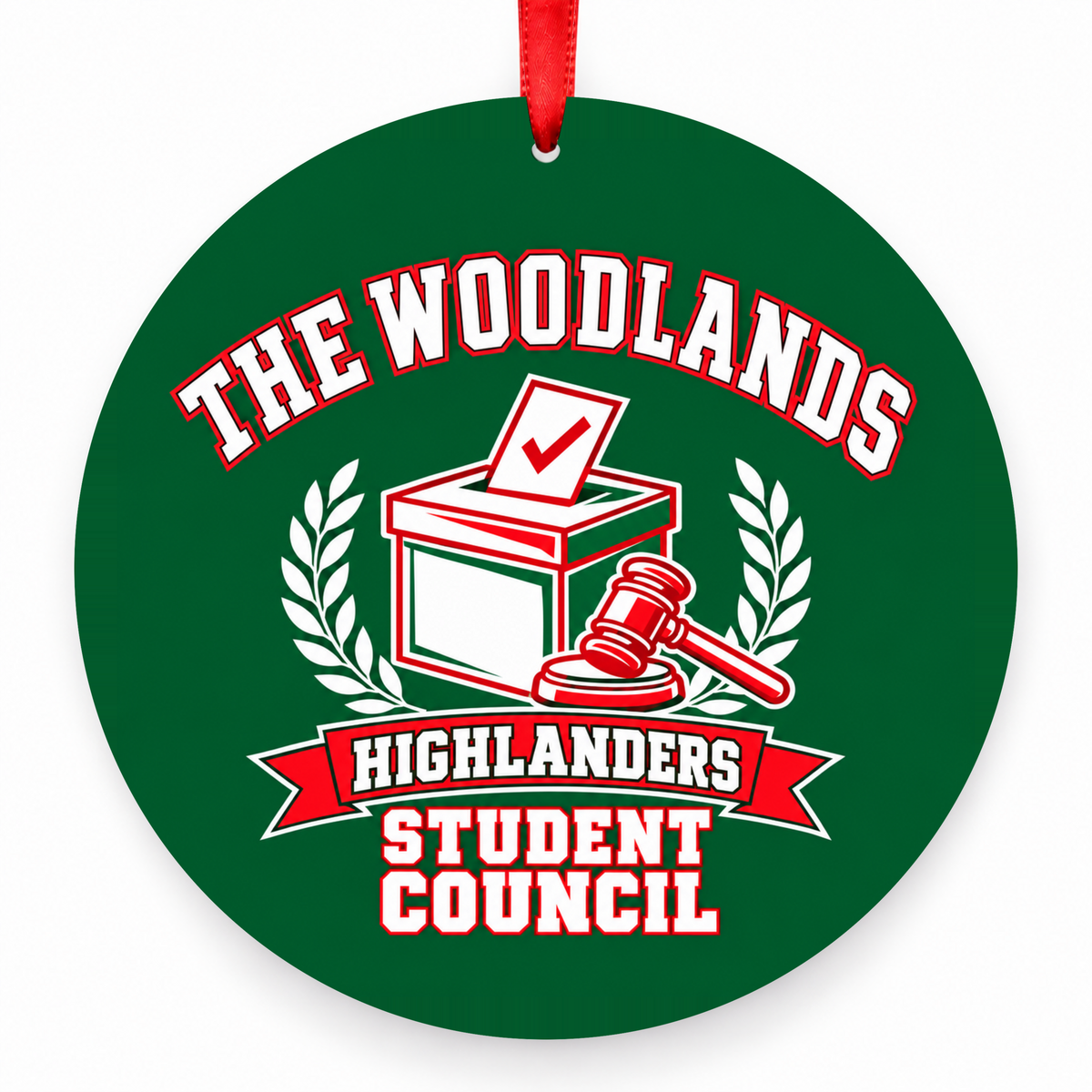 The Woodlands High School Highlanders Student Council Ballot & Gavel Christmas Ornament in hunter green, red and white with red satin ribbon