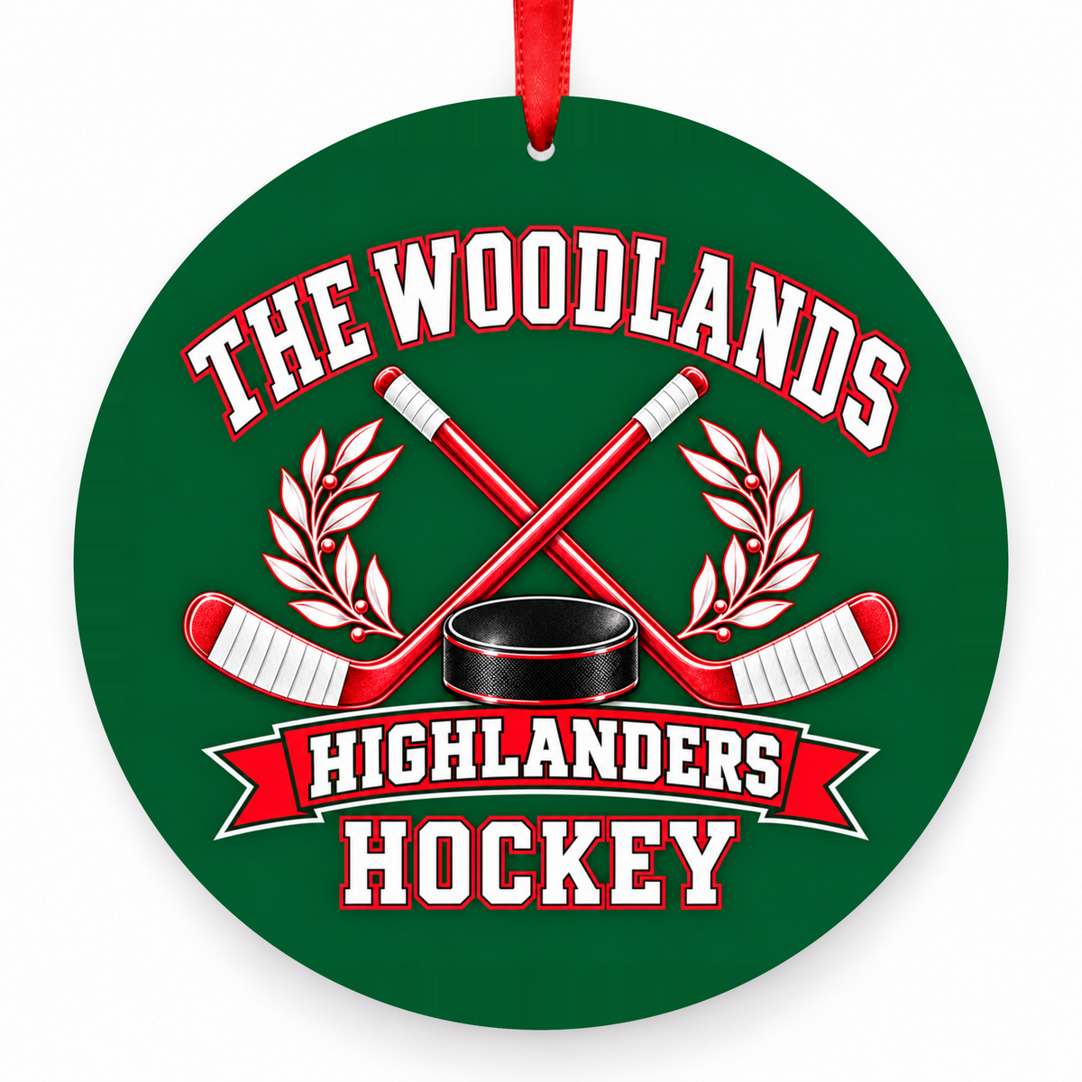 The Woodlands High School Highlanders Ice Hockey Crossed Sticks Christmas Ornament in hunter green, red and white with red satin ribbon