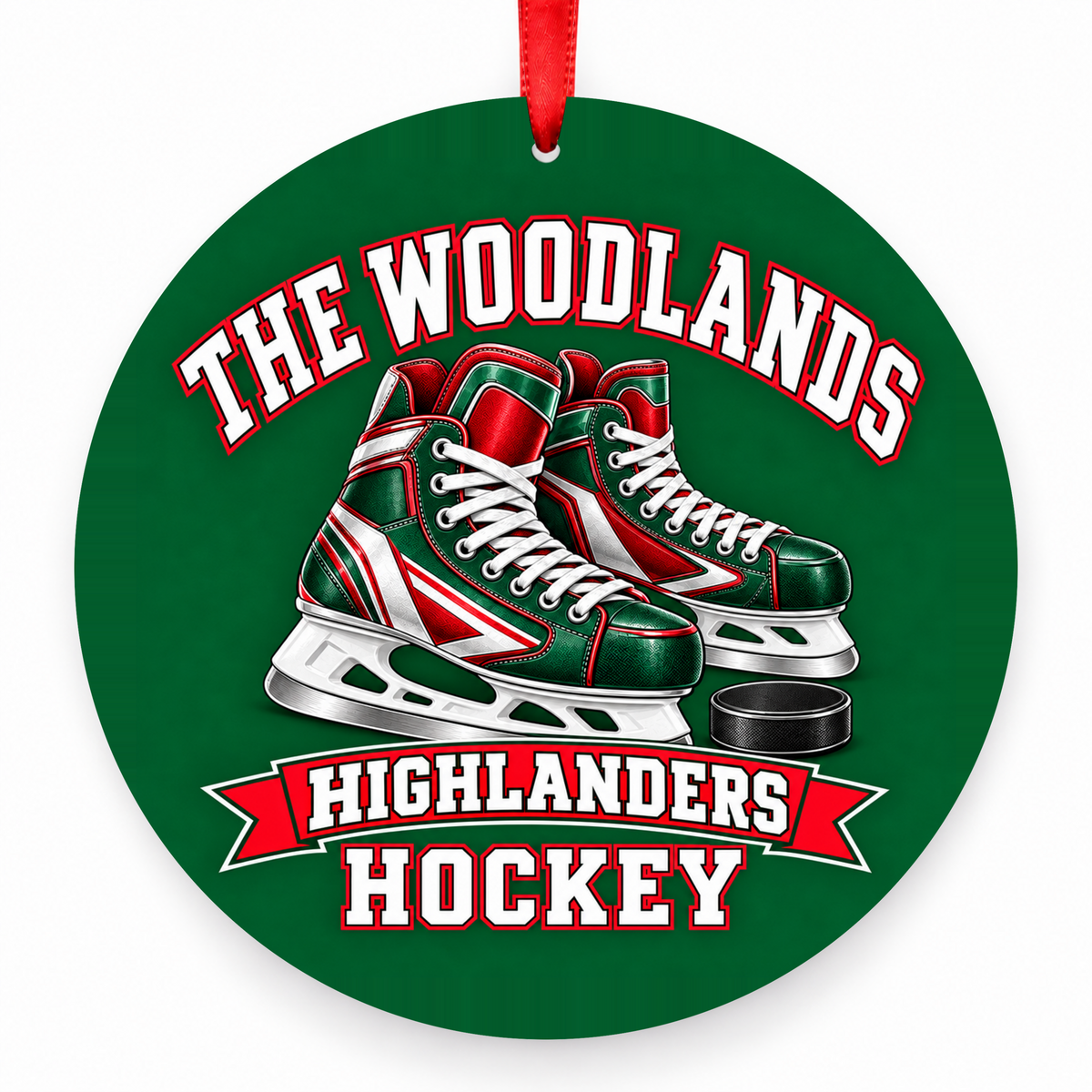 The Woodlands High School Highlanders Ice Hockey Skates Christmas Ornament in hunter green, red and white with red satin ribbon