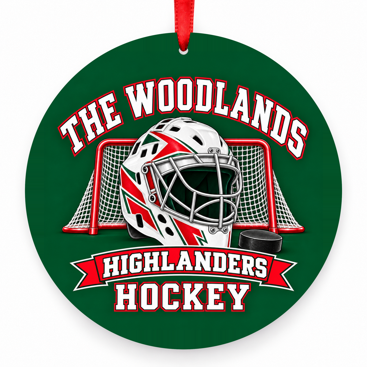 The Woodlands High School Highlanders Ice Hockey Goalkeeper Mask Christmas Ornament in hunter green, red and white with red satin ribbon