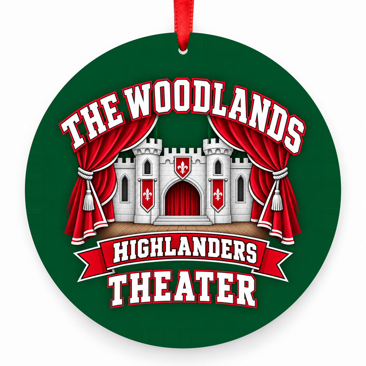 The Woodlands High School Highlanders Theater Castle Stage Christmas Ornament in hunter green, red and white with red satin ribbon
