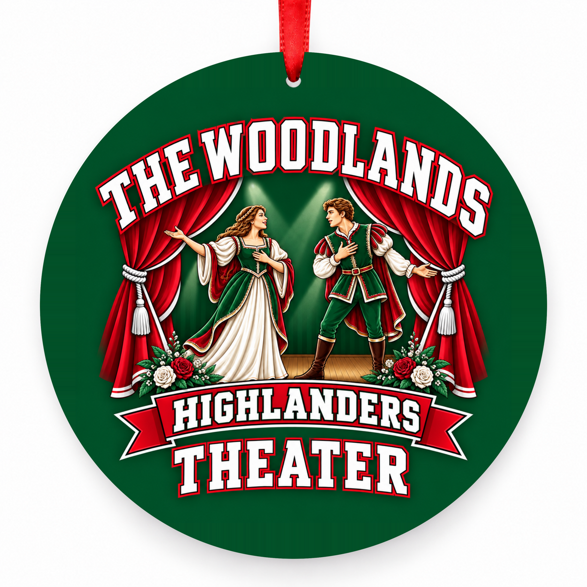 The Woodlands High School Highlanders Theater Actors on Stage Christmas Ornament in hunter green, red and white with red satin ribbon
