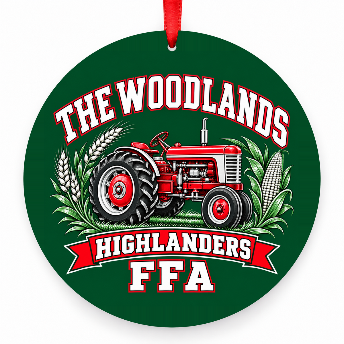 The Woodlands High School Highlanders FFA Tractor & Crops Christmas Ornament in hunter green, red and white with red satin ribbon