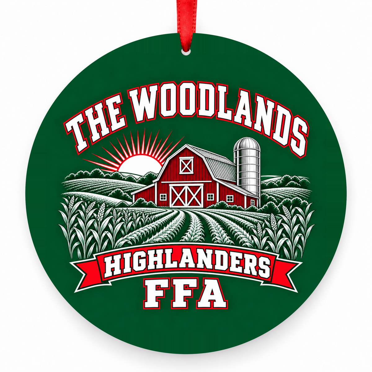 The Woodlands High School Highlanders FFA Barn & Fields Christmas Ornament in hunter green, red and white with red satin ribbon