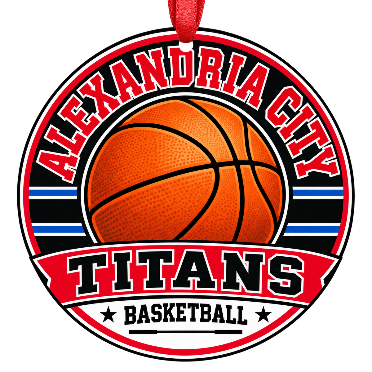 Alexandria City High School titans basketball Christmas ornament with red hanging ribbon, Alexandria, Virginia