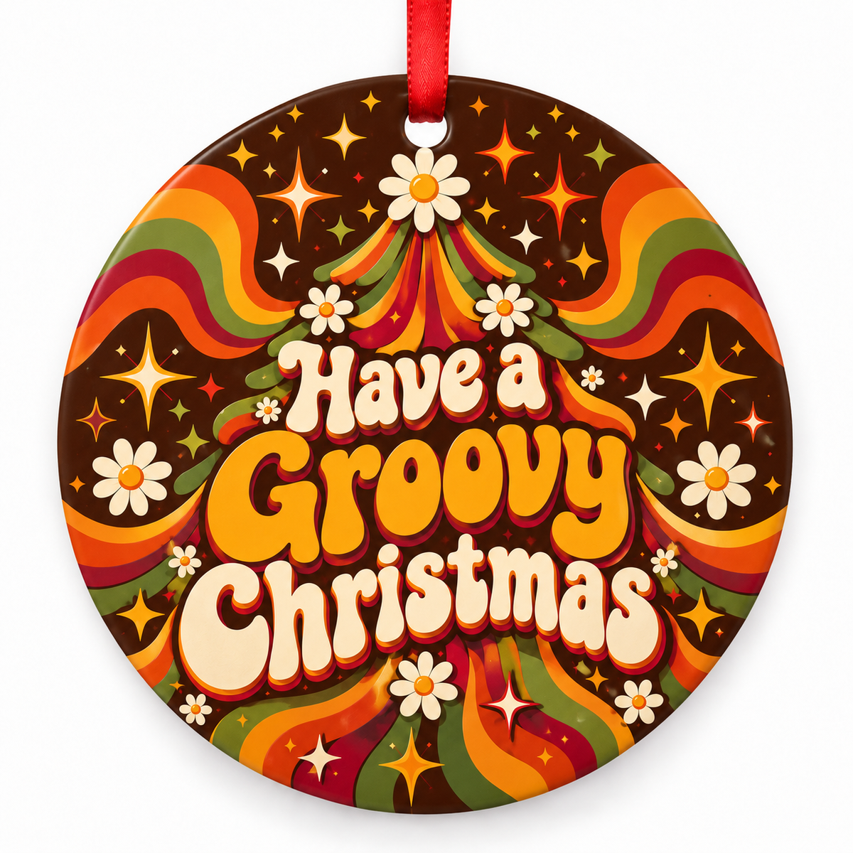 Have a Groovy Christmas – round Retro 1970s Christmas ornament with red hanging ribbon
