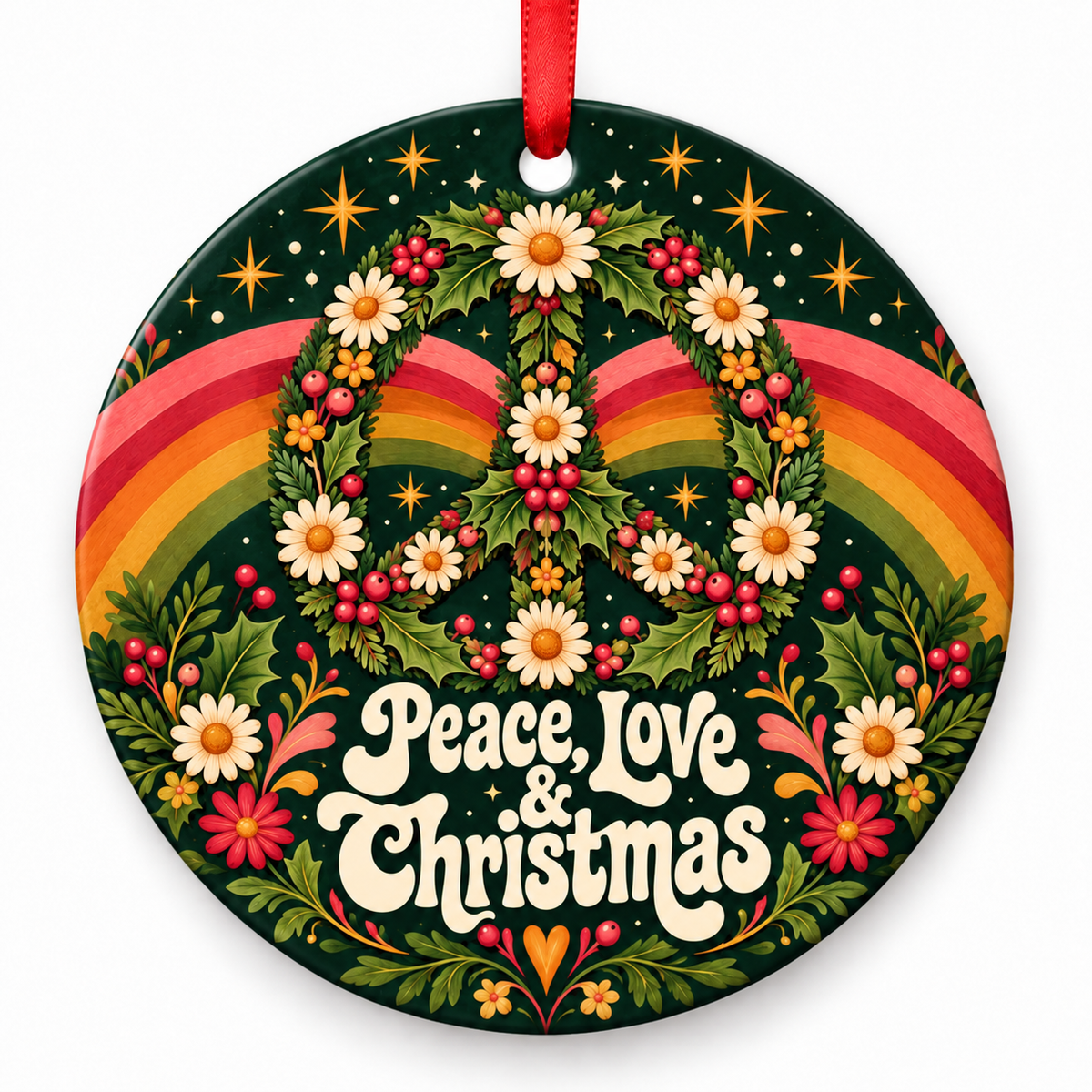 Peace, Love & Christmas – round Retro 1970s Christmas ornament with red hanging ribbon