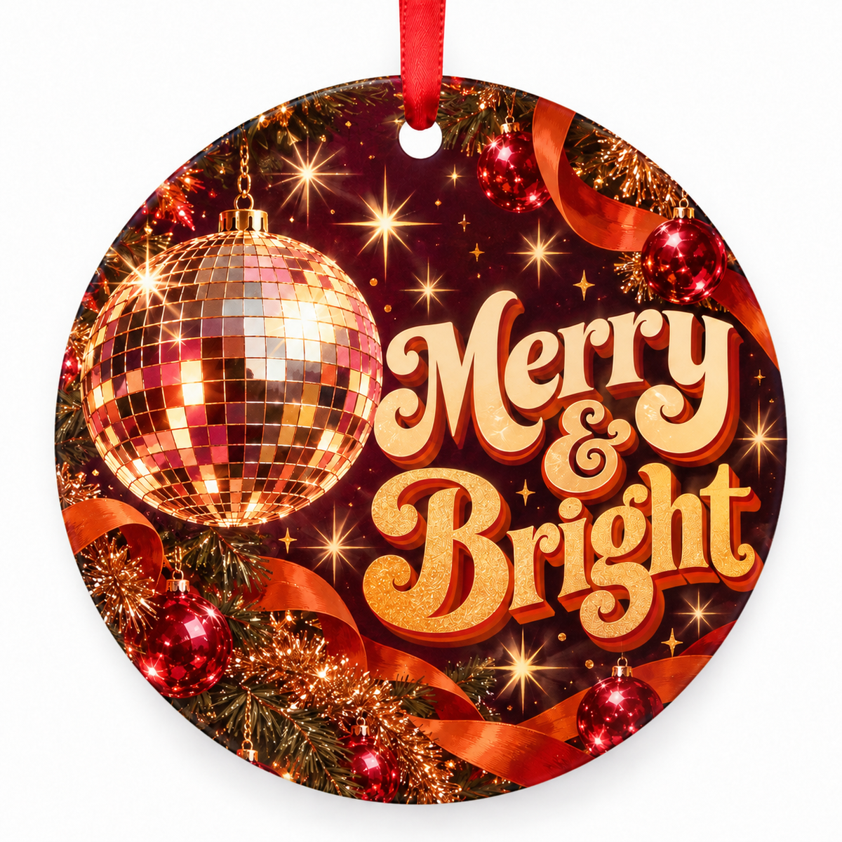 Merry & Bright – round Retro 1970s Christmas ornament with red hanging ribbon