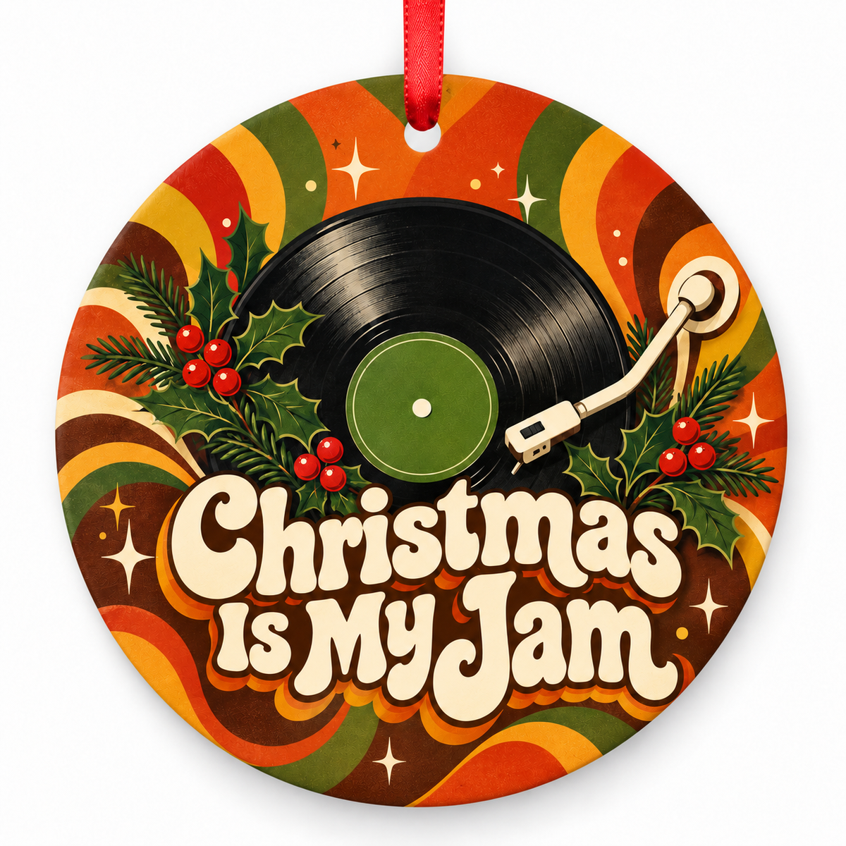 Christmas Is My Jam – round Retro 1970s Christmas ornament with red hanging ribbon