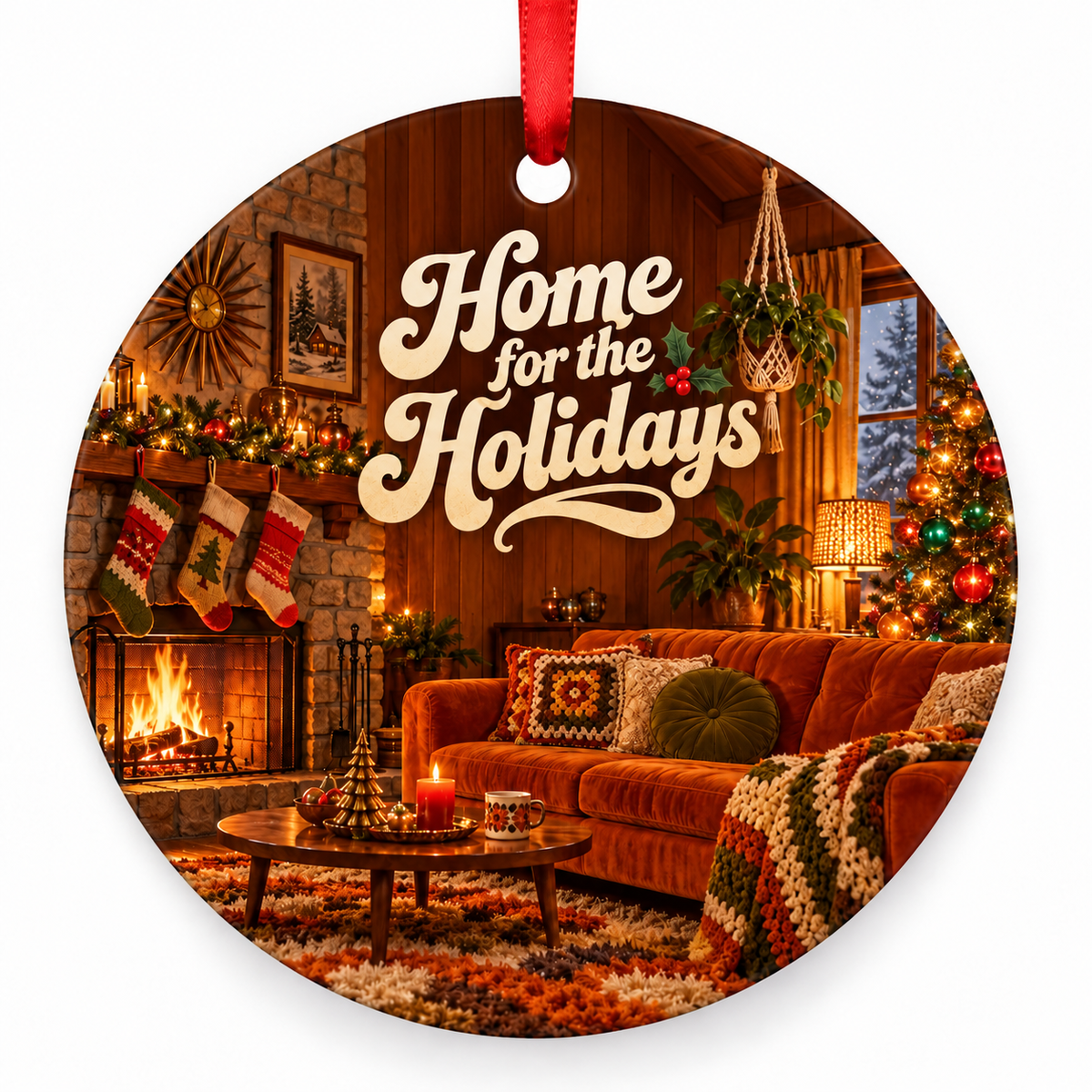 Home for the Holidays – round Retro 1970s Christmas ornament with red hanging ribbon