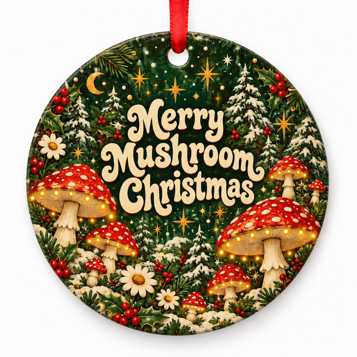 Merry Mushroom Christmas – round Retro 1970s Christmas ornament with red hanging ribbon
