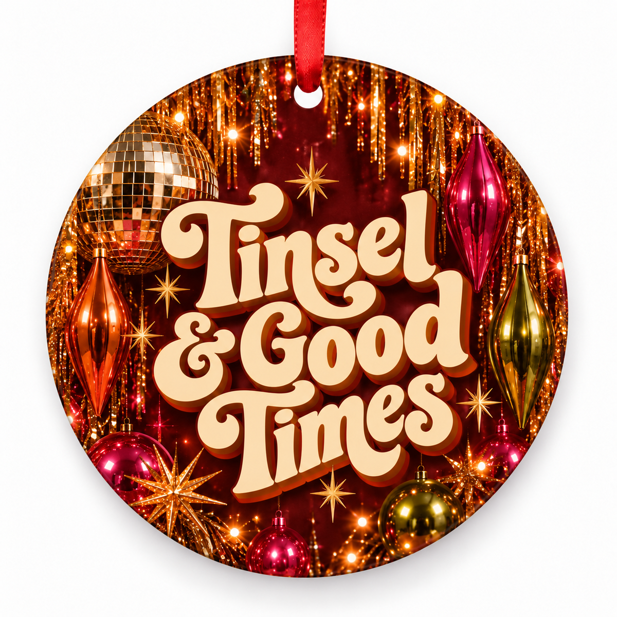 Tinsel & Good Times – round Retro 1970s Christmas ornament with red hanging ribbon