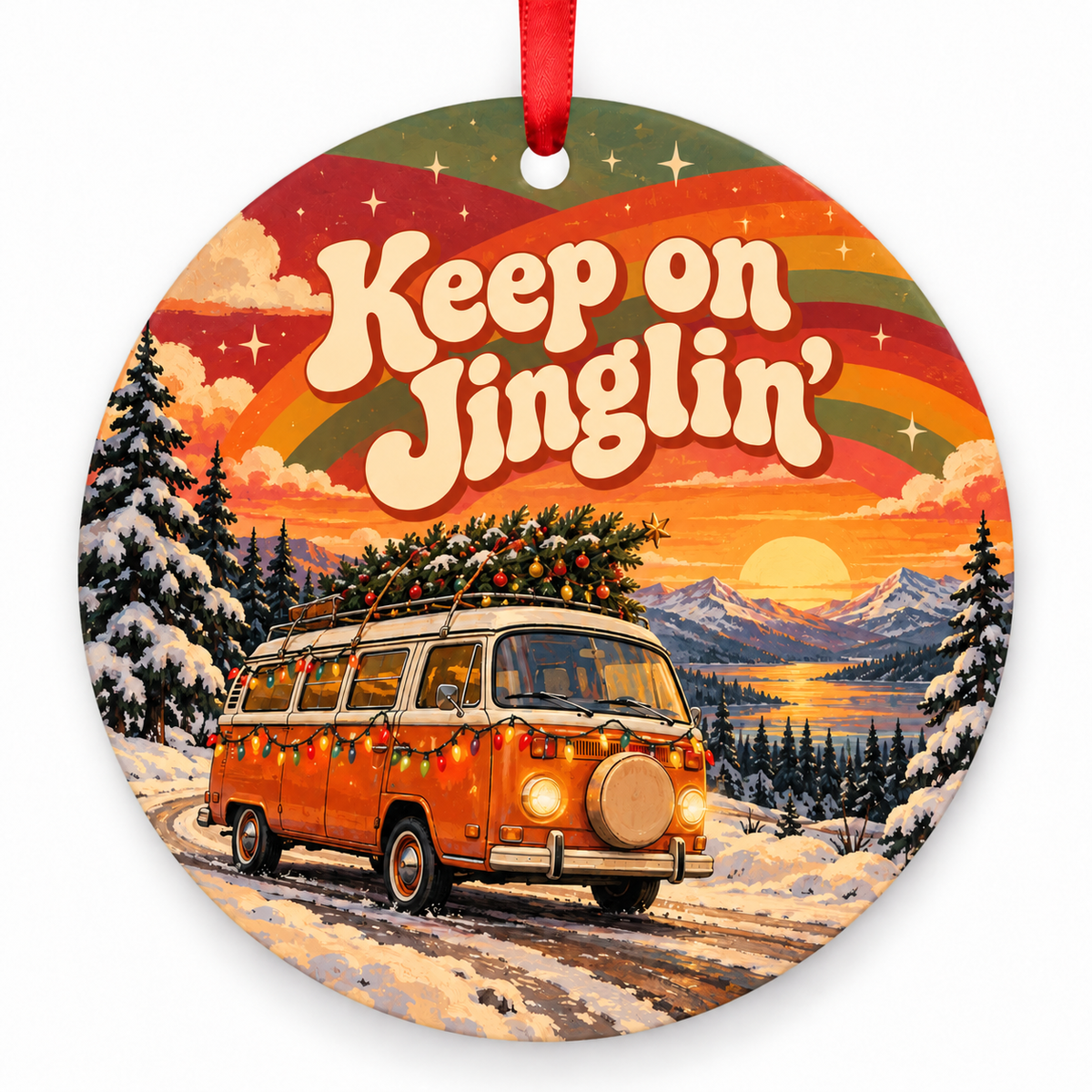 Keep on Jinglin’ – round Retro 1970s Christmas ornament with red hanging ribbon