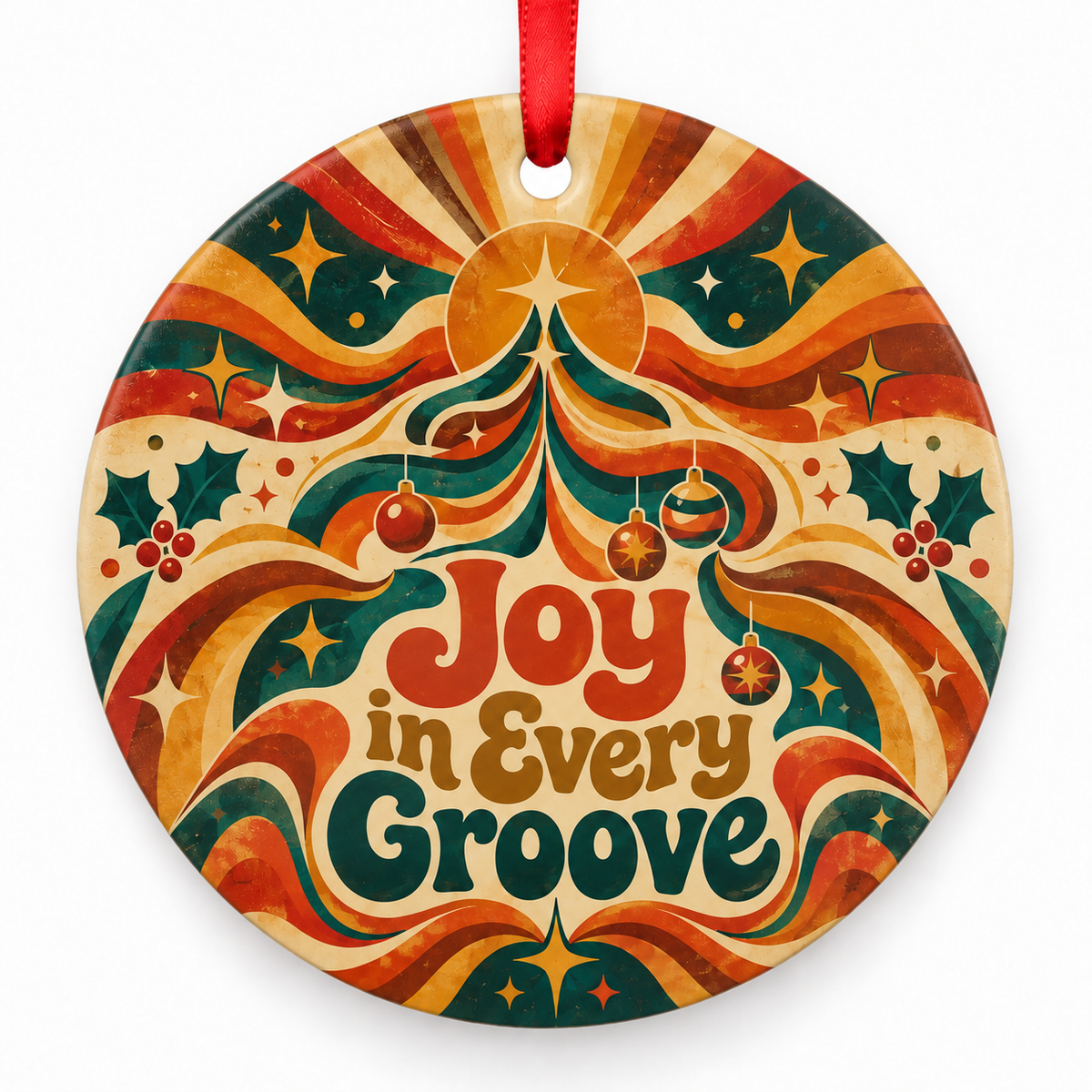 Joy in Every Groove – round Retro 1970s Christmas ornament with red hanging ribbon