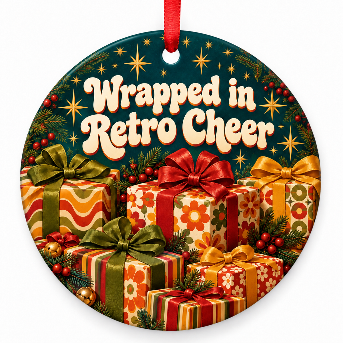 Wrapped in Retro Cheer – round Retro 1970s Christmas ornament with red hanging ribbon