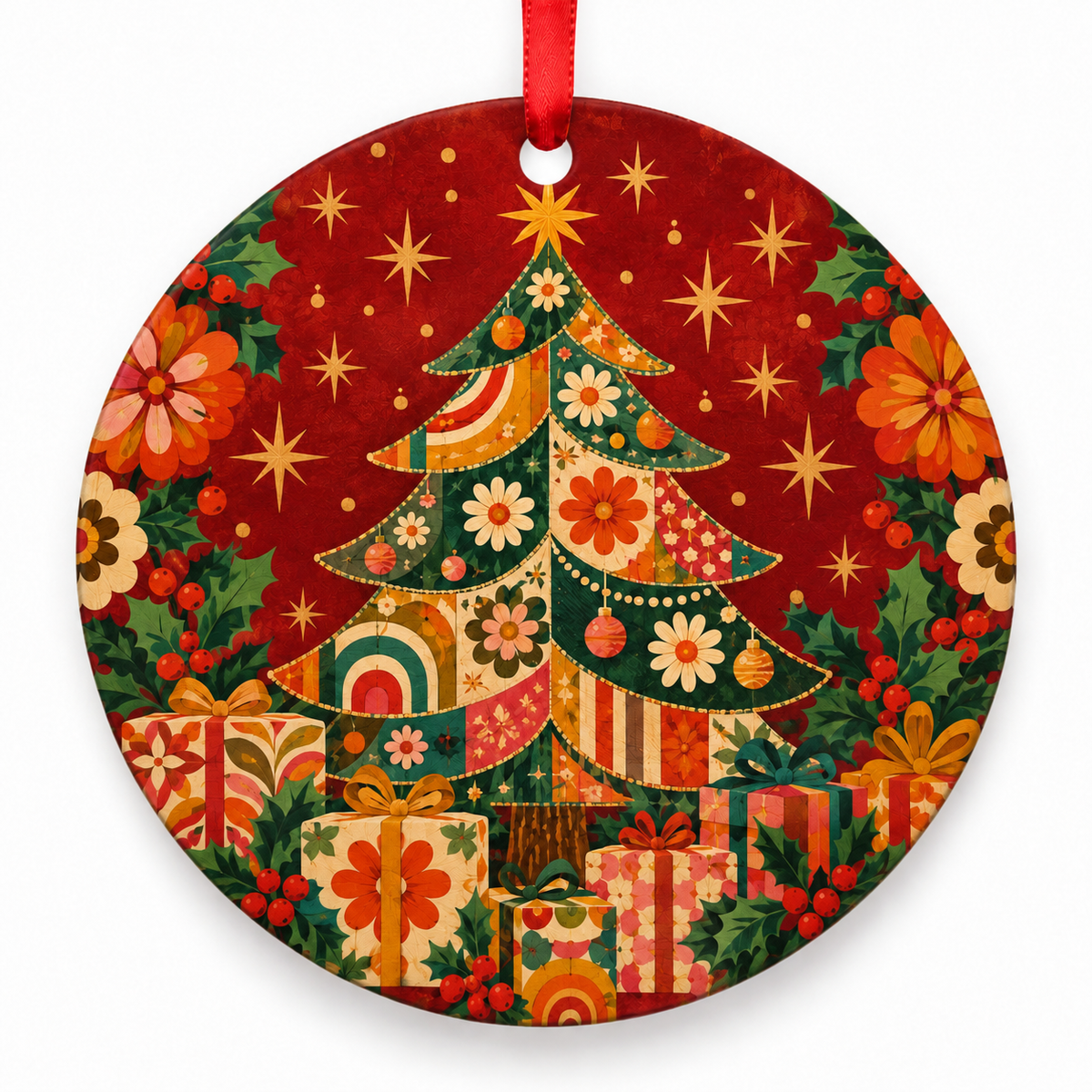 Christmas in Full Color – round Retro 1970s Christmas ornament with red hanging ribbon