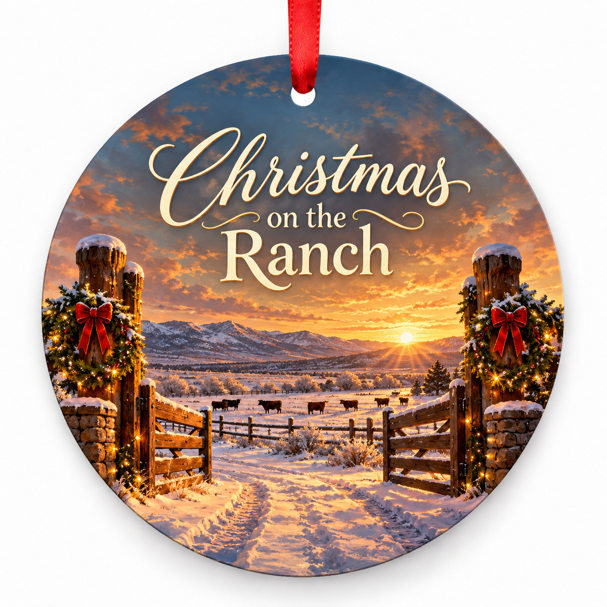 Christmas on the Ranch round Christmas ornament with red ribbon