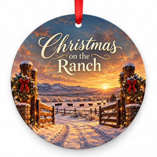 Christmas on the Ranch round Christmas ornament with red ribbon
