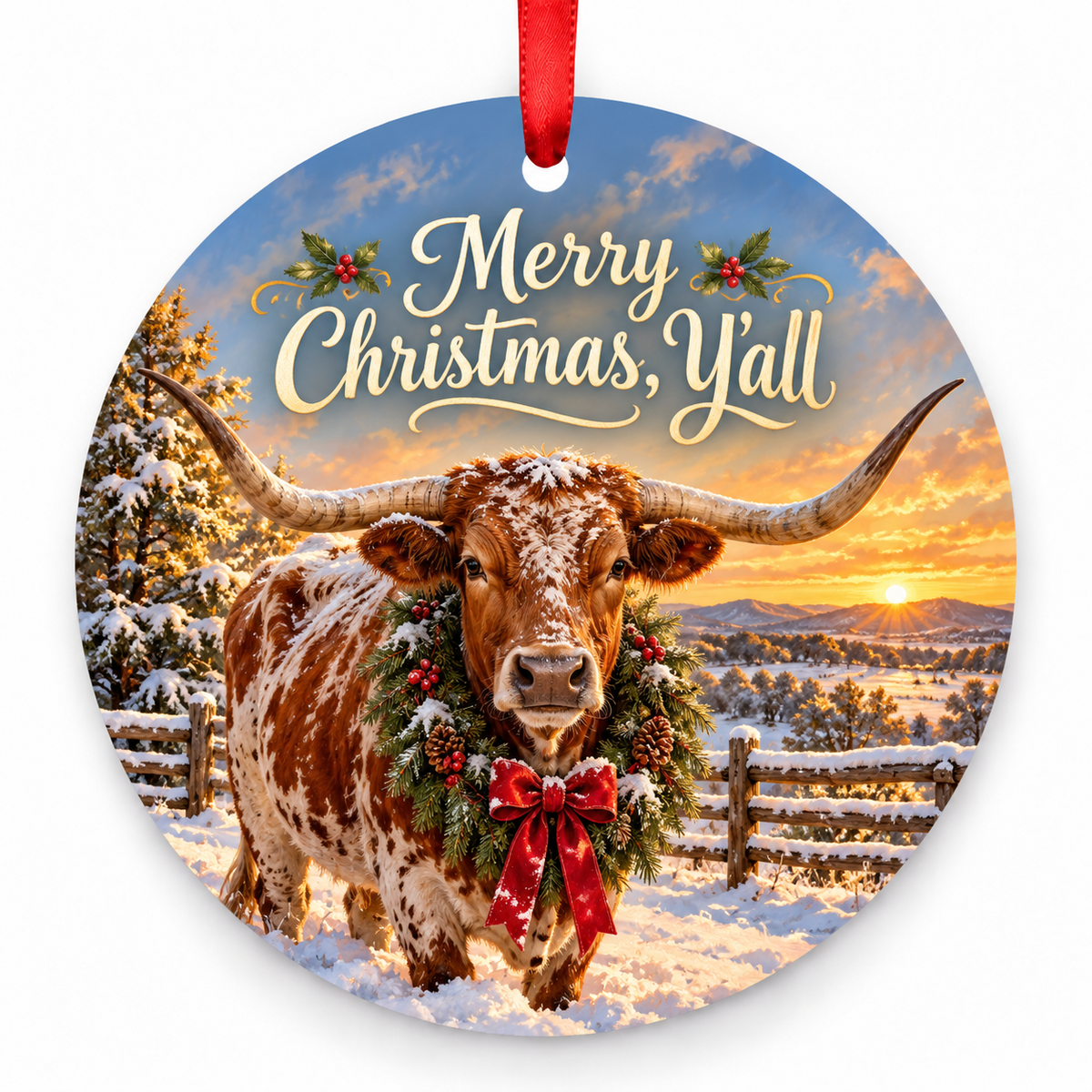 Merry Christmas, Y’all round Christmas ornament with red ribbon