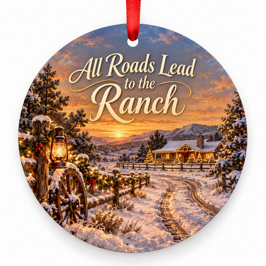 All Roads Lead to the Ranch round Christmas ornament with red ribbon