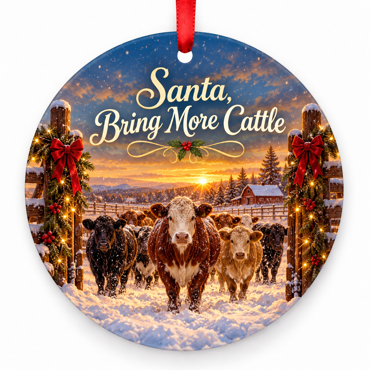 Santa, Bring More Cattle round Christmas ornament with red ribbon