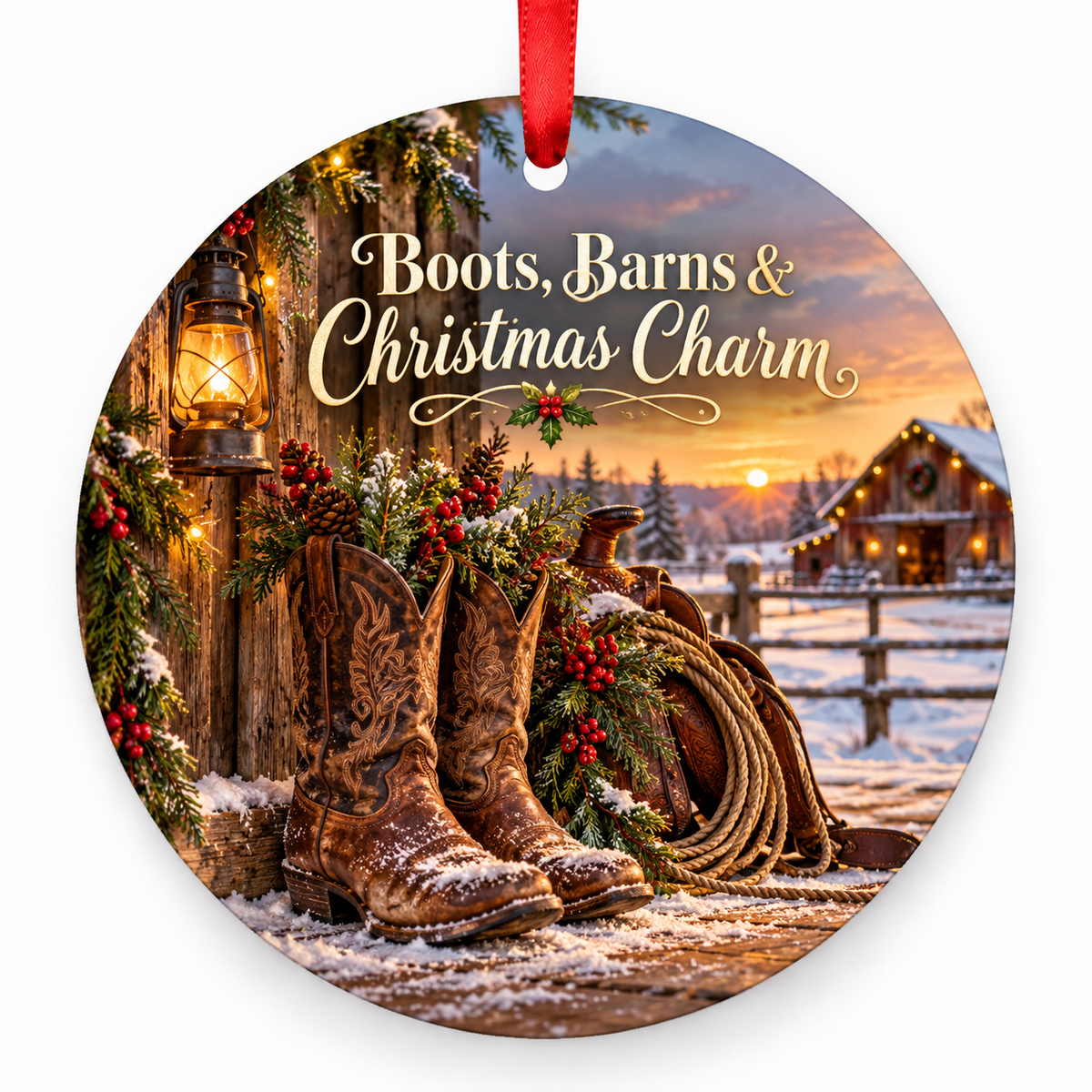Boots, Barns & Christmas Charm round Christmas ornament with red ribbon