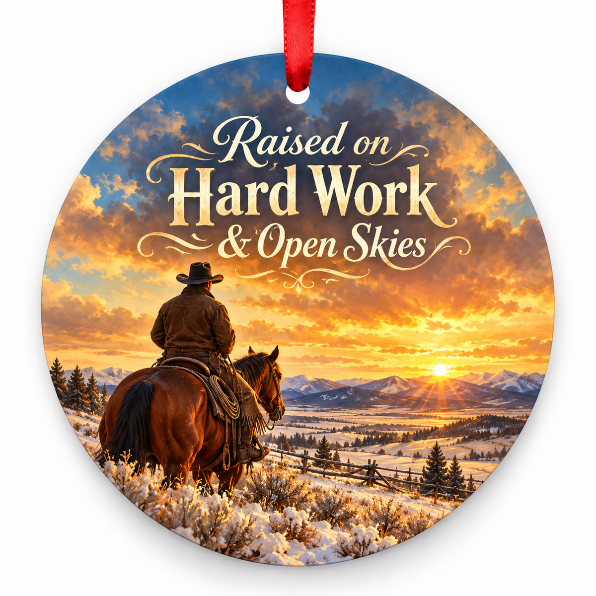 Raised on Hard Work & Open Skies round Christmas ornament with red ribbon