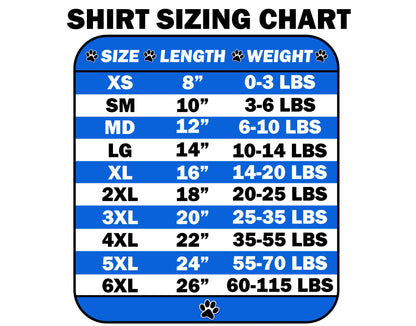 Pet shirt sizing chart with weight and length