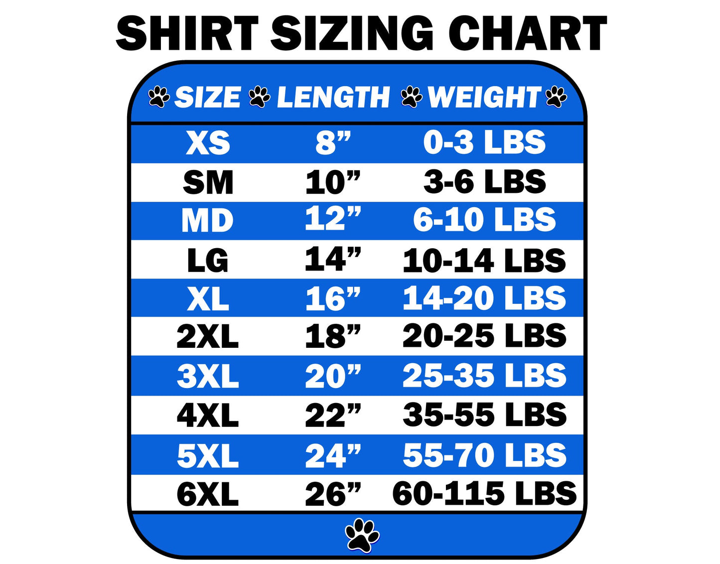 Pet shirt size chart with weight and length
