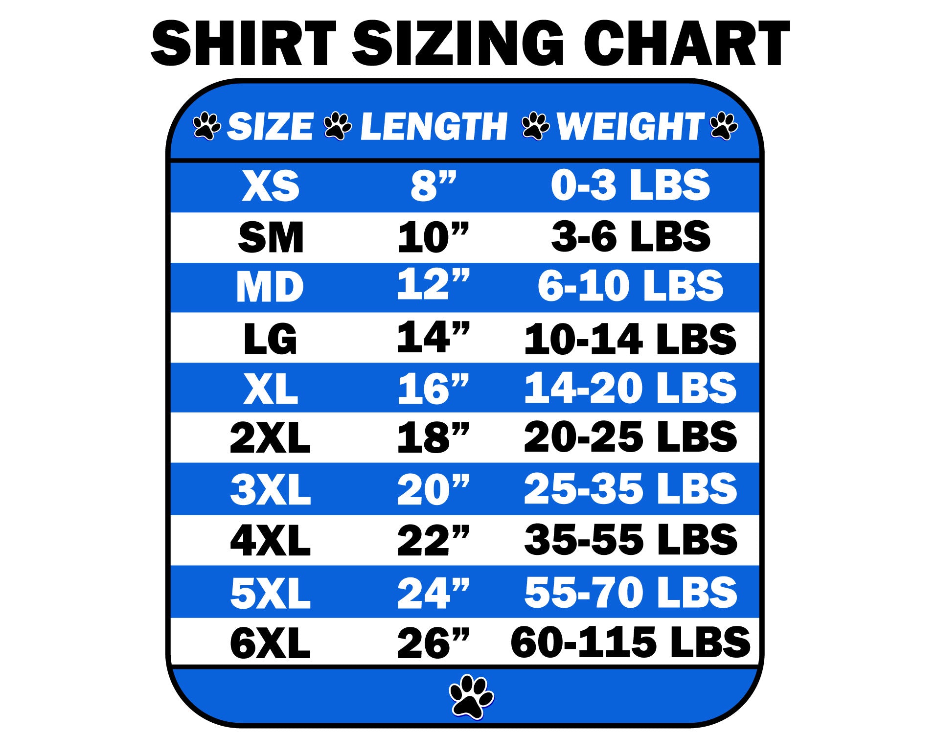 Pet shirt size chart for 'Retro New York' design
