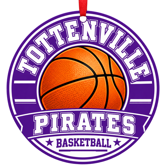 Tottenville High School Pirates basketball Christmas ornament in purple and white with red ribbon — Staten Island, NY