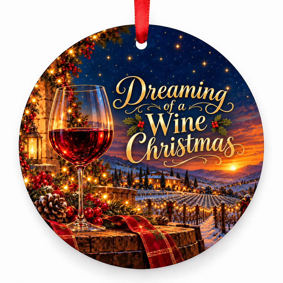 Dreaming of a Wine Christmas Christmas ornament with red hanging ribbon