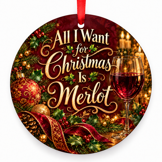 All I Want for Christmas Is Merlot Christmas ornament with red hanging ribbon